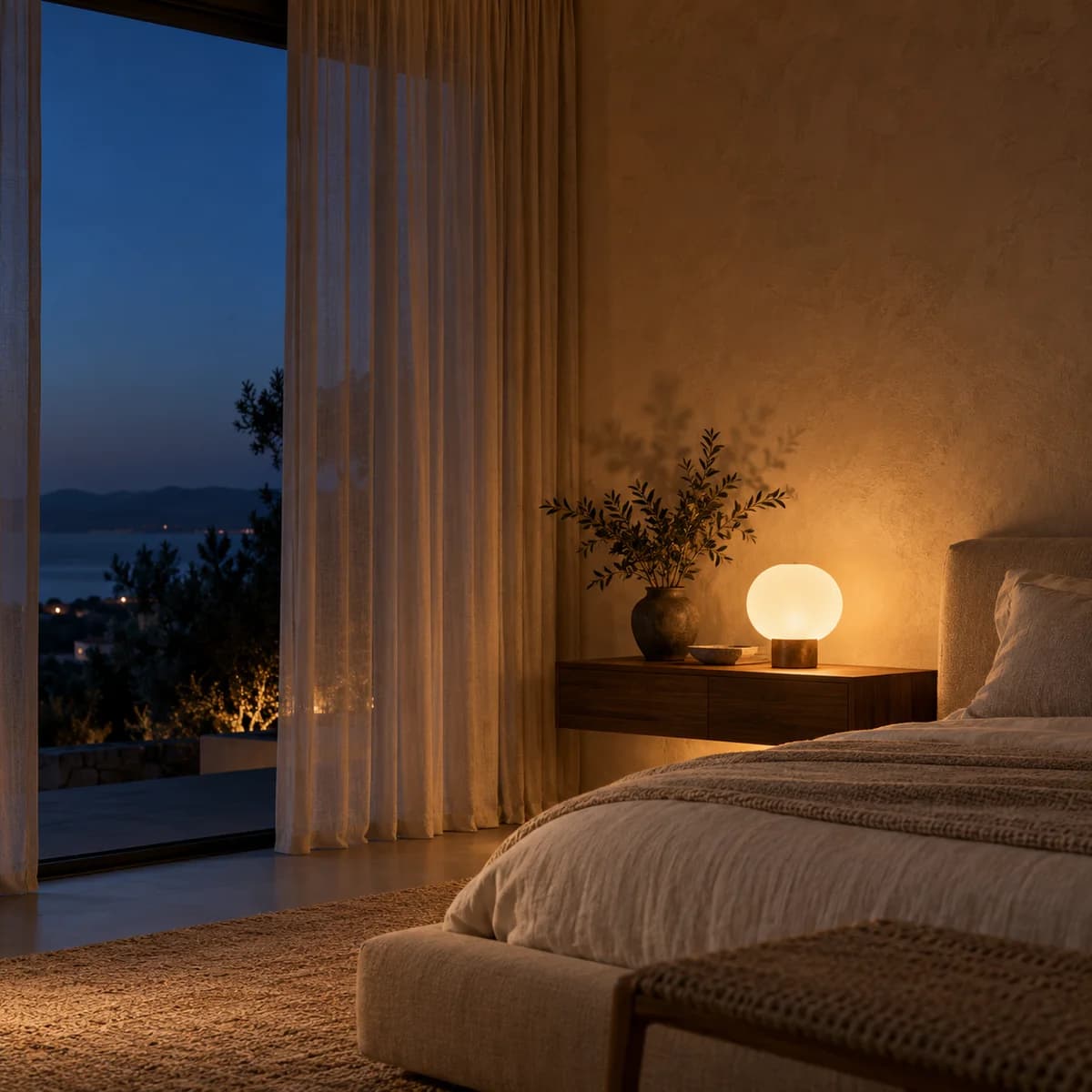 A softly lit bedroom with a glowing bedside lamp at dusk