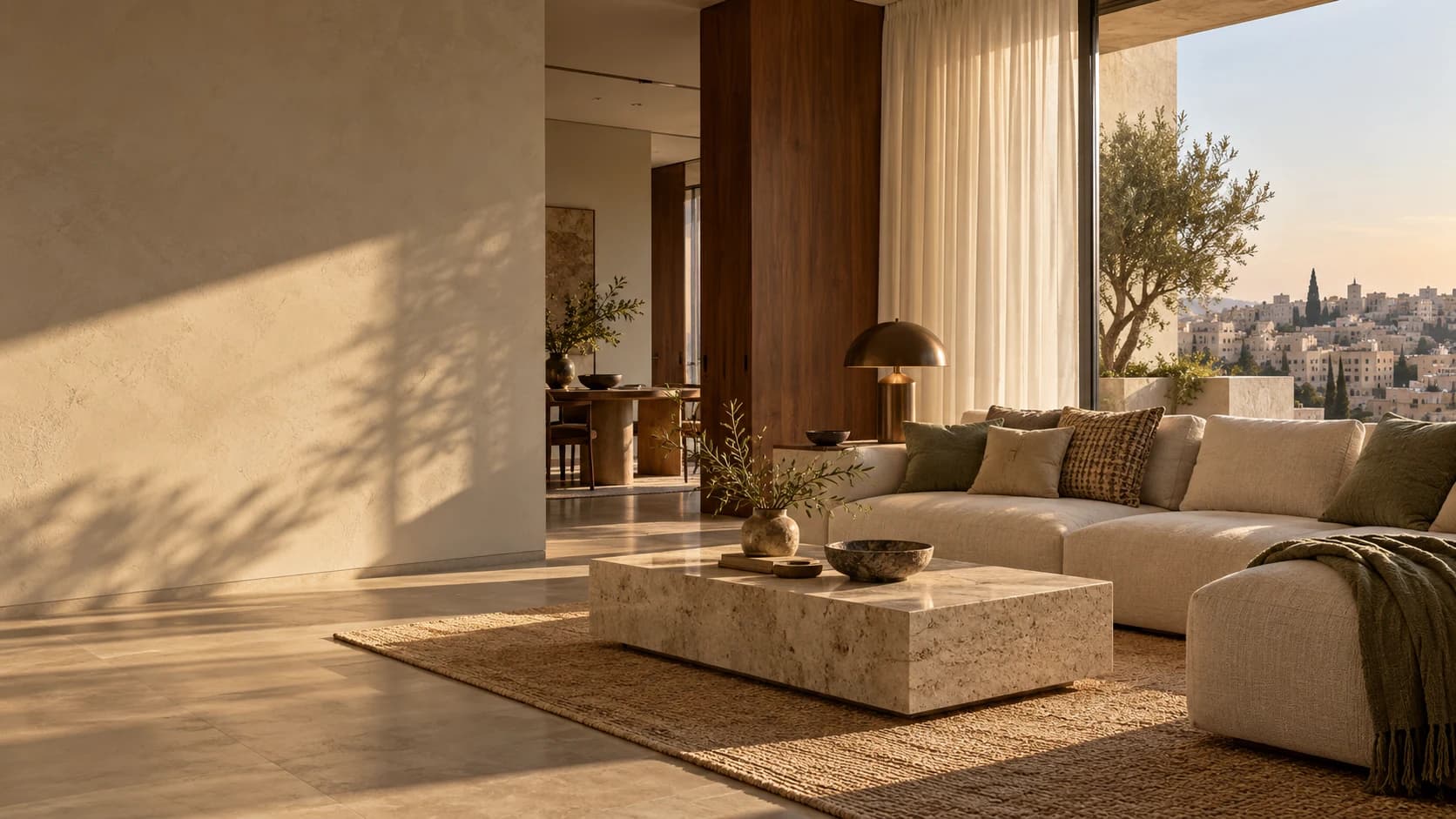 Sunlight filling a calm living room with a linen sofa, natural stone, and sheer curtains